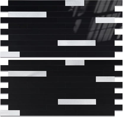 Yipscazo 2 Sheets Peel and Stick Stone Metal Backsplash, PVC Wall Tiles Stick on Tiles for Backsplash Kitchen, Bathroom, Fireplace (6'' X 12'', Black)