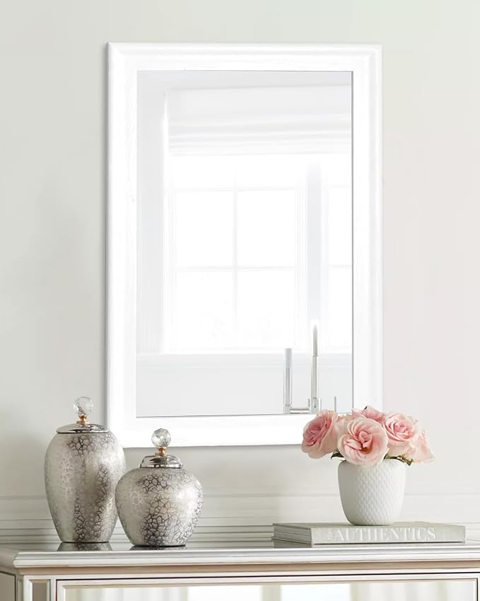 White Wood Wall Mirror for Bathroom,Rectangle 20 x 30 inch Vanity Mirrors | Hanging Mirror with Wooden Frame for Living Room,Bedroom,Entryway