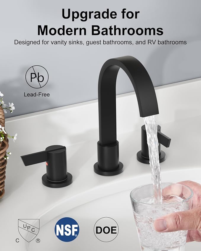 Matte Black 3 Hole Bathroom Faucet,8" Widespread Vanity Faucet | 2 Handle Waterfall Bathroom Sink Faucet with Pop-Up Drain,Supply Lines,360° Swivel Spout,Lead-Free Stainless Steel,Deck Mount