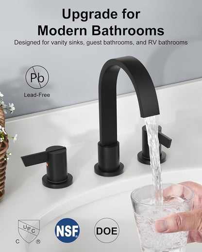 Matte Black 3 Hole Bathroom Faucet,8" Widespread Vanity Faucet | 2 Handle Waterfall Bathroom Sink Faucet with Pop-Up Drain,Supply Lines,360° Swivel Spout,Lead-Free Stainless Steel,Deck Mount