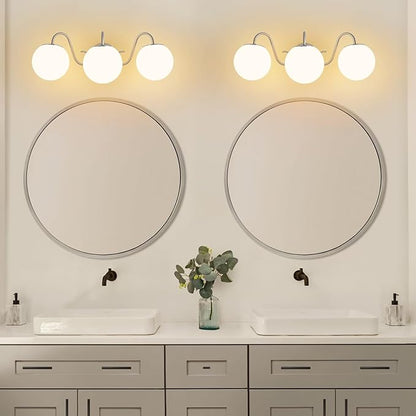 3 Lights Vintage Bathroom Vanity Light Fixtures Over Mirror, Brushed Nickel Vanity Lights For Bathroom With Milk White Glass Globe Shade, Wall Lights For Bedroom, Hallway, Dressing Table(G9 Incl.)