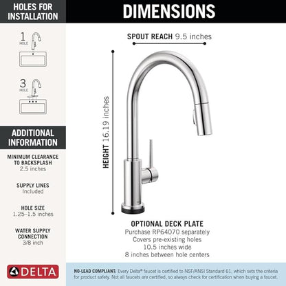 Delta Trinsic Touchless Kitchen Faucet with Touch Technology, Chrome Kitchen Sink Faucet with Pull Down Sprayer, Single Hole, Chrome 9159TL-DST