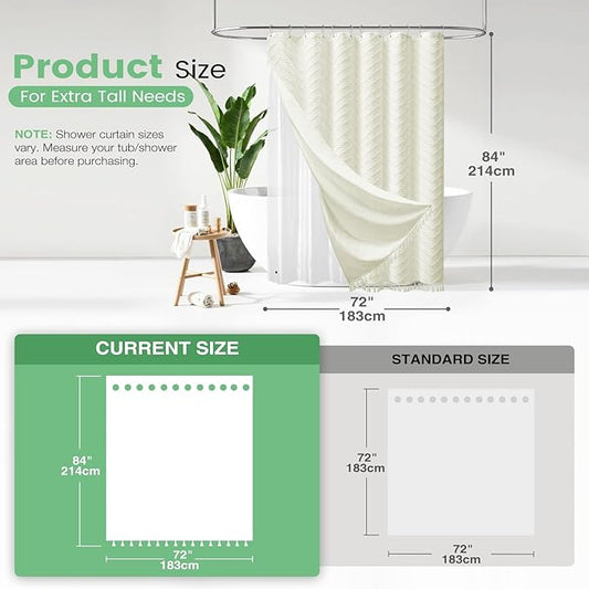 Dynamene Extra Long Shower Curtain and Liner Set - 84 inch Tall Boho Shower Curtain and Waterproof Clear Liner, Tufted Chevron Striped Tassel Shower Curtains for Bathroom, 12 Hooks, 72x84, Cream