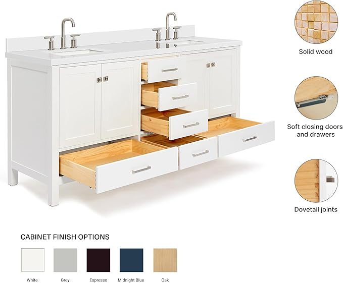 ARIEL Cambridge 72-inch Bathroom Vanity with Sink,Solid Wood, 1.5-inch Pure White Quartz Countertop & Backsplash, Double Rectangular Porcelain Sink, 4 Soft Closing Doors, 6 Dovetail Drawers, White