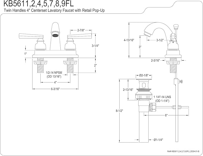 Kingston Brass KB5614FL 4 in. Centerset Bathroom Faucet, Polished Chrome/Polished Brass