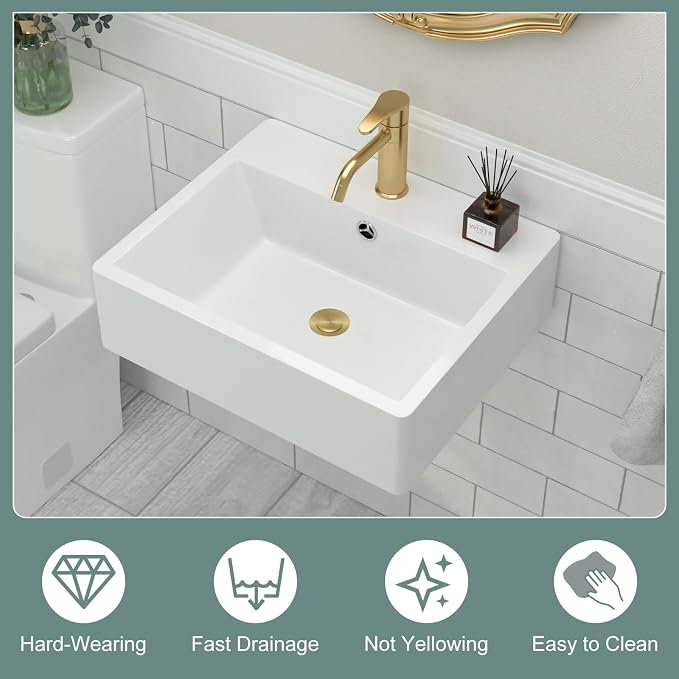 Floating Wall Mount Sink | Beslend 20"x17" Inch White Ceramic Vessel Sinks, Rectangular Art Basin with Single Hole, Small Space-Saving Bathroom Sink