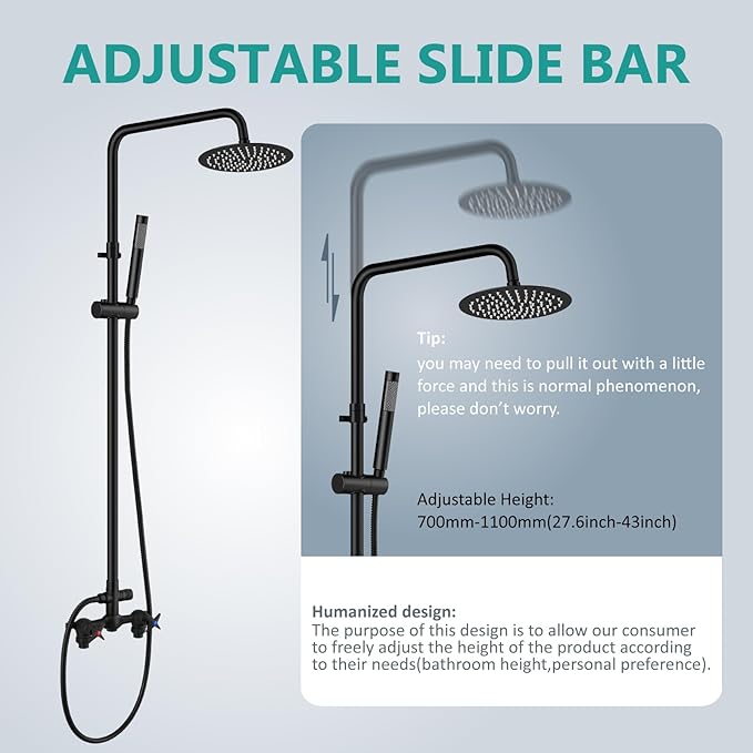 Aolemi Outdoor Shower Kit,8 Inch Rain Head and Handheld,Matte Black | 2-Handle Hot and Cold Control, Adjustable Height, 6-Inch Center Valve, 59-Inch Hose, Winter Drainage Outdoor Shower Fixtures