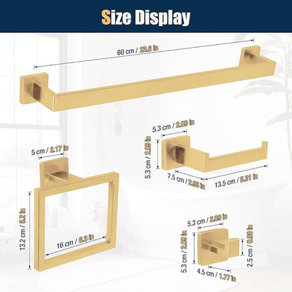 10 Pcs Gold Bathroom Hardware Accessories Set 23.6 Inch Wall Mounted | Bath Towel Bar Kit with Square Towel Racks Ring and Towel Hooks, Paper Holder, 304 Stainless Steel