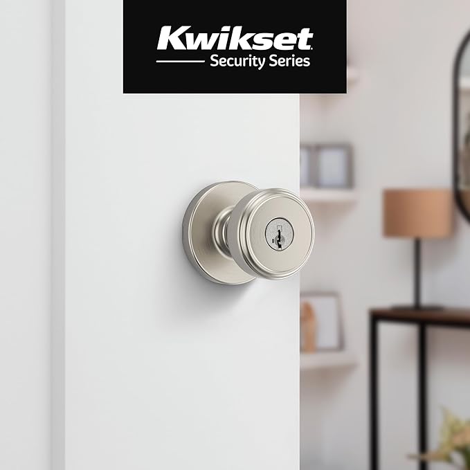 Kwikset Maven Entry Door Knob with Lock and Key, Secure Keyed Handle Exterior, Front Entrance and Bedroom, Satin Nickel, 4 Pack, Pick Resistant SmartKey Rekey Security and Microban