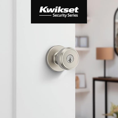 Kwikset Maven Entry Door Knob with Lock and Key, Secure Keyed Handle Exterior, Front Entrance and Bedroom, Satin Nickel, 4 Pack, Pick Resistant SmartKey Rekey Security and Microban