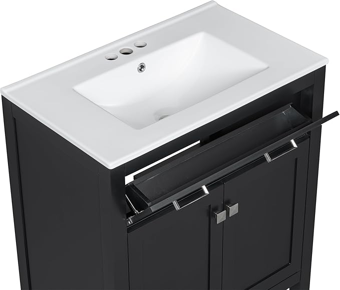 Favfurish 30" Bathroom Vanity with Ceramic Sink,Undermount Single Basin Vanity Set w/1 Flip-Out Drawer and 2 Soft-Close Doors & Adjustable Shelf,Freestanding Storage Cabinet,Solid Wood Frame,Black