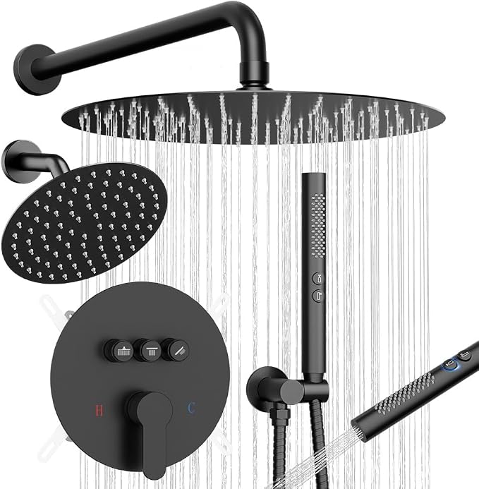 Shower Systems Round Shower Faucet Set,12+6" Dual Rainfall Shower head with 2 in 1 Handheld Spray, Wall Mount Push Button Shower Set with Valve and Trim Kit Matte Black, Can Use All at Once