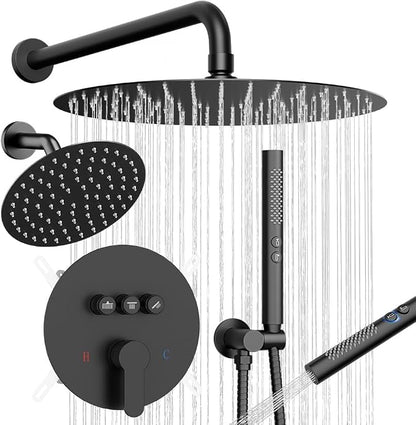 Shower Systems Round Shower Faucet Set,12+6" Dual Rainfall Shower head with 2 in 1 Handheld Spray, Wall Mount Push Button Shower Set with Valve and Trim Kit Matte Black, Can Use All at Once