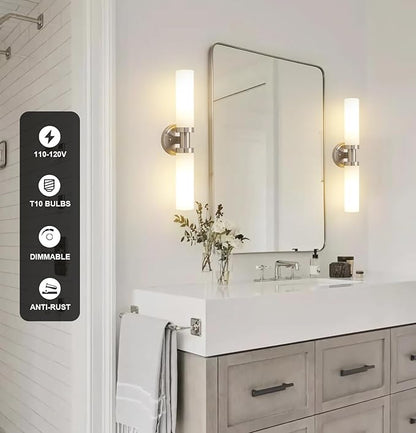 Brushed Nickel Bathroom Light Fixtures, 2-Light Vanity Lights W/White Glass Shade, Modern Sconces Wall Lighting for Mirror Kitchen Bedroom Hallway Living Room, E26 T10 Bulbs(Excluded)