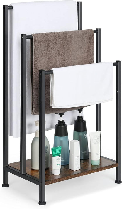 Freestanding Towel Rack, 3 Tier Blanket Ladder Holder with Rustic Brown Wooden Shelf, Industrial Display & Drying Stand Storage Rack with Non-Slip Feet for Living room, Bathroom, 17.1"L*11"W*32.3"H