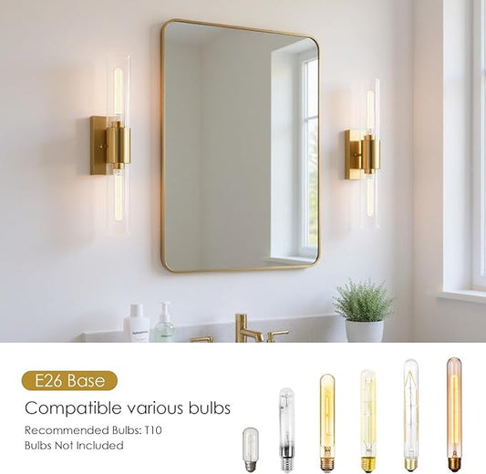 Wall Sconces Set of Two, Gold Bathroom Sconces Wall Lighting with Clear Glass Modern Sconces Wall Light Set of 2 Bathroom Light Fixtures Vanity Light for Bedroom Washroom Hallway Living Room