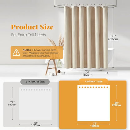 BTTN Long Fabric Shower Curtain - 72x80 Inch Linen Textured Heavy Duty Polyester Cloth Shower Curtain Set with 12 Plastic Hook, Hotel Luxury Waterproof Modern Shower Curtains for Bathroom, Beige/Cream