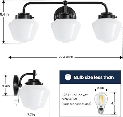 Bathroom Vanity Light Fixtures: 3-Light Black Vanity Lights for Bathroom Over Mirror, Farmhouse Wall Sconce Lighting with Frosted Milky Glass for Kitchen (Exclude Bulb)