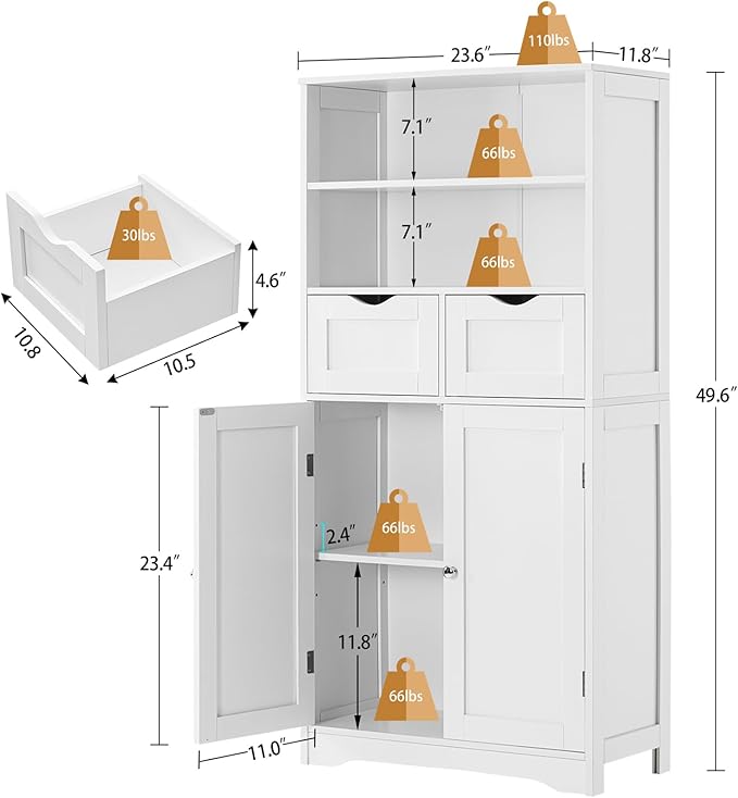 Iwell Tall Bathroom Cabinet, Storage Cabinet with 2 Drawers & Adjustable Shelves, Bathroom Storage Cabinet for Living Room, Dining Room, Entryway, White