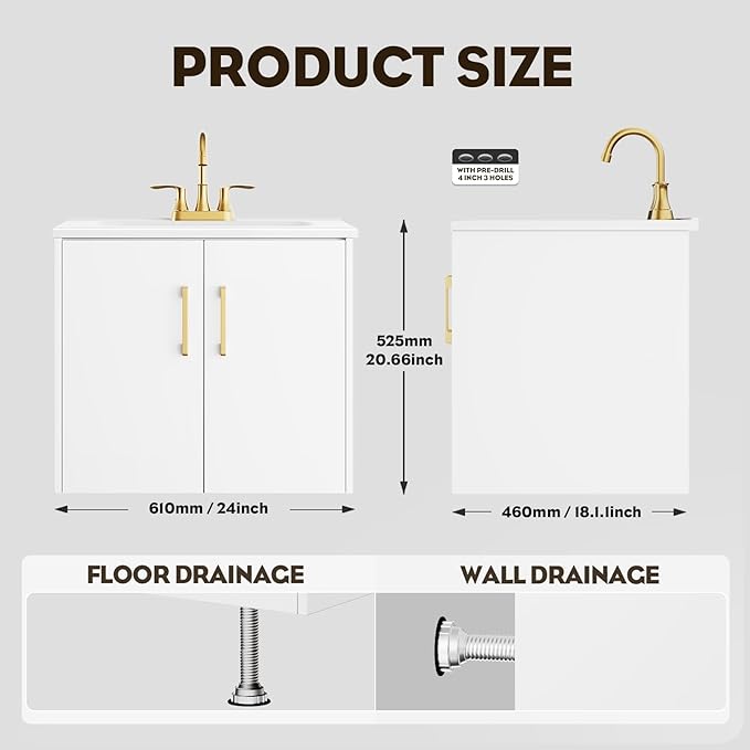 phiestina 24 Inch White Floating Bathroom Vanity, Pre-Assembled Wall-Mounted Cabinet with 2 Soft-Close Doors & 3 Hole Ceramic Sink, No Faucet,BV08-24-WHITE