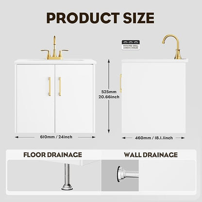 phiestina 24 Inch White Floating Bathroom Vanity, Pre-Assembled Wall-Mounted Cabinet with 2 Soft-Close Doors & 3 Hole Ceramic Sink, No Faucet,BV08-24-WHITE