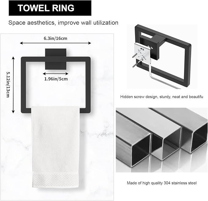 15-Pieces Matte Black Bathroom Accessories Set, 23.6 Inch Bath Towel Bar Set, SUS 304 Stainless Steel Bathroom Hardware Set, Towel Racks for Bathroom Wall Mounted.