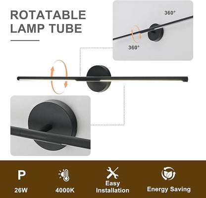 Matte Black Bathroom Light Fixtures Over Mirror 36 Inch, 26W 360° Rotatable Dimmable 4000K Led Vanity Light Bar, Modern Bathroom Vanity Lights Above Mirror