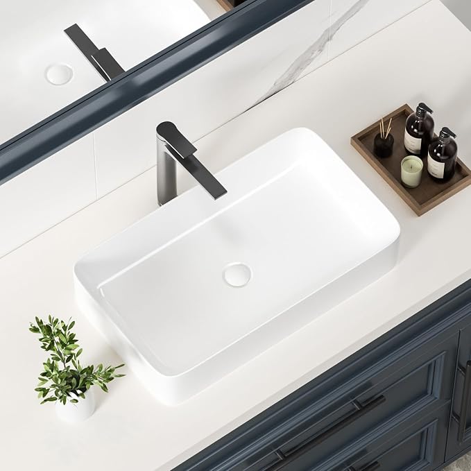 KINGWONG 24 Inch Rectangular Vessel Sink White Ceramic Above Counter Basin | Porcelain resists thermal shock & stains. Ultra-smooth glaze cleans in a wipe. Its 4.3" depth cuts water use and splash