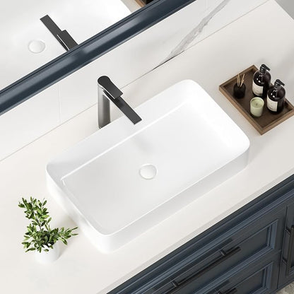 KINGWONG 24 Inch Rectangular Vessel Sink White Ceramic Above Counter Basin | Porcelain resists thermal shock & stains. Ultra-smooth glaze cleans in a wipe. Its 4.3" depth cuts water use and splash