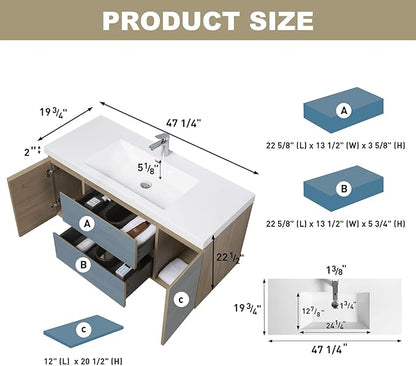 Floating Vanity Bathroom, 48 Inch Bathroom Vanity with Sink, Wall Mounted Single Sink Bathroom Vanity, Soft Closed 2 Drawers, Integrated Sink (Natural Oak)