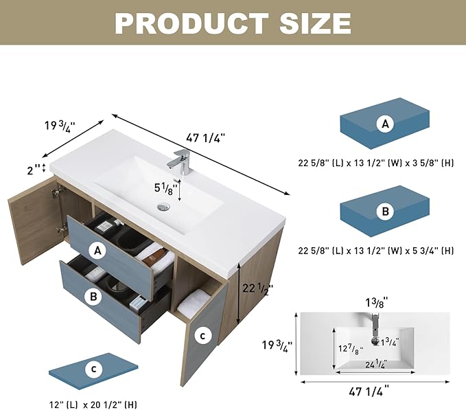Wall Mounted 48 Inch Bathroom Vanity with Sink, Floating Vanity Bathroom, Single Sink Bathroom Vanity, 2 Drawers, 2 Soft Closing Doors, Resin Integrated Sink (Natural Oak)