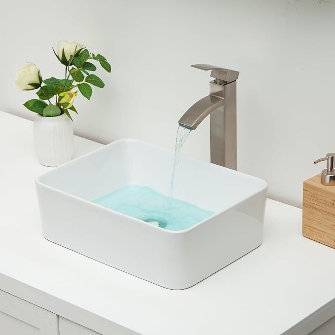 Vessel Sink Rectangular - 16"x12" Modern White Bathroom Sink Rectangle Above Counter Porcelain Ceramic Vessel Vanity Sink Art Basin