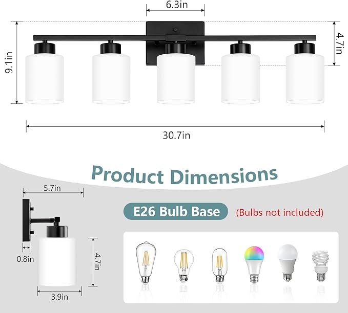 Black Bathroom Light Fixtures, 5-Light Modern Vanity Lights with Milky White Frosted Glass Shades, Wall Sconces for Mirror, Bathroom, Restroom (E26 Socket)