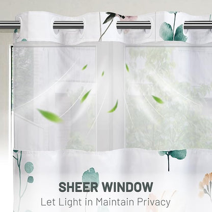 No Hook Floral Shower Curtain with Liner, Teal, 71x74 | Snap in Liner, 3 in 1, Water Repellent, Easy Install, Machine Washable, Hotel Style for Bathroom, Watercolor Pattern