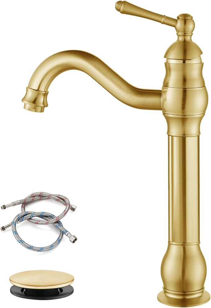gotonovo Vintage Bathroom Vessel Sink Faucet, Brushed Gold, with Drain | Tall Bathroom Faucet 1 Hole Single Handle, 360° Swivel Spout, cUPC Water Lines, Lead-Free, for Farmhouse Vanity Washbasin RV