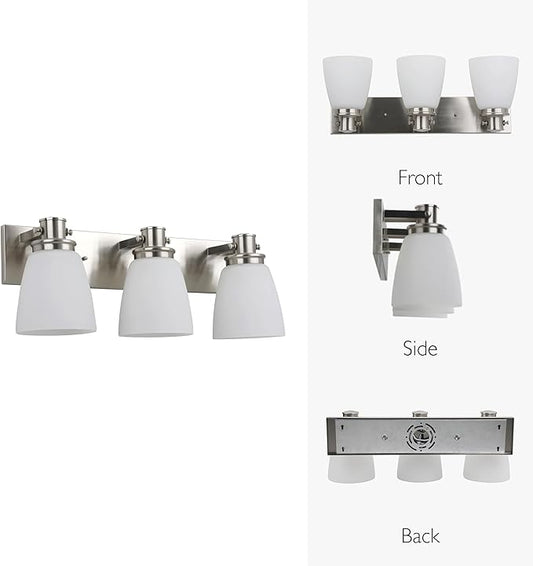 Design House Atkinson Vanity Light, 3-Light, Frosted White Glass Shades, Dimmable, Up/Down Mountable, E26 Socket, Satin Nickel, 23.3 in L x 7.4 in W x 8.6 in H, 589523