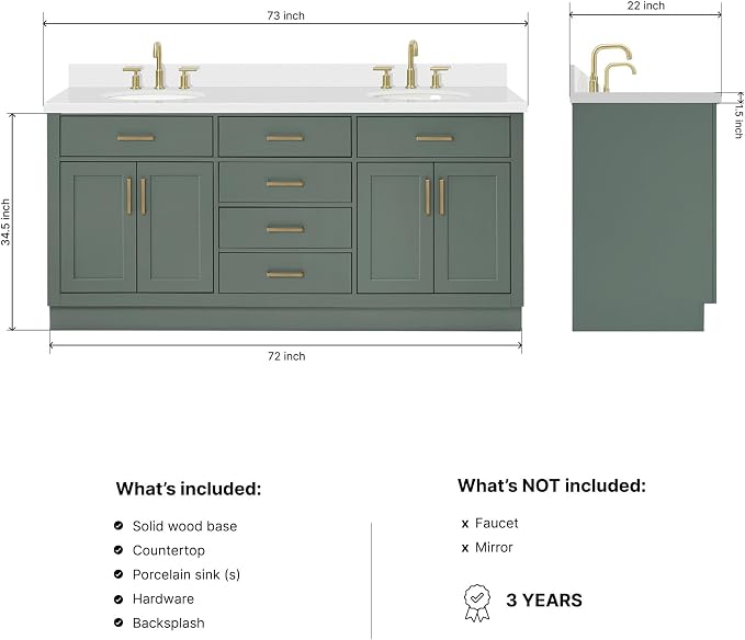ARIEL Hepburn 72-inch Bathroom Vanity with Sink,Solid Wood, 1.5-inch Pure White Quartz Countertop & Backsplash, Double Oval Porcelain Sink, 4 Soft Closing Doors, 6 Dovetail Drawers, Vintage Green