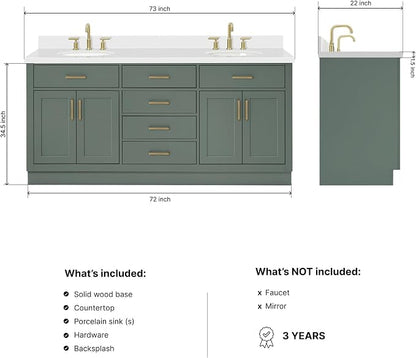 ARIEL Hepburn 72-inch Bathroom Vanity with Sink,Solid Wood, 1.5-inch Pure White Quartz Countertop & Backsplash, Double Oval Porcelain Sink, 4 Soft Closing Doors, 6 Dovetail Drawers, Vintage Green