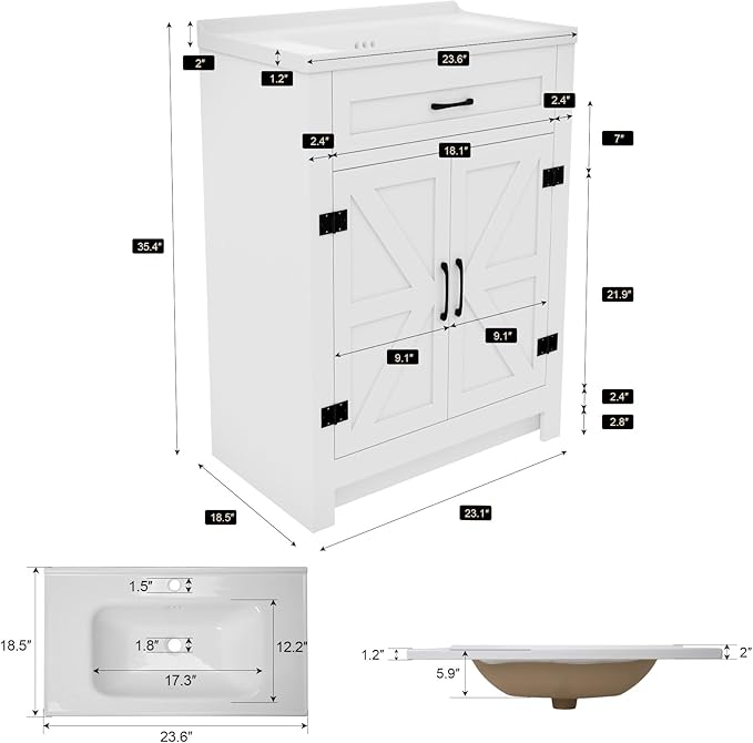 23.1inch Bathroom Sink Vanity Combo, Small Freestanding Single Bath Vanity Sink Set with 2 Doors, Single Basin Bathroom Storage Cabinet, White