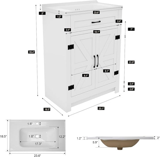 23.1inch Bathroom Sink Vanity Combo, Small Freestanding Single Bath Vanity Sink Set with 2 Doors, Single Basin Bathroom Storage Cabinet, White