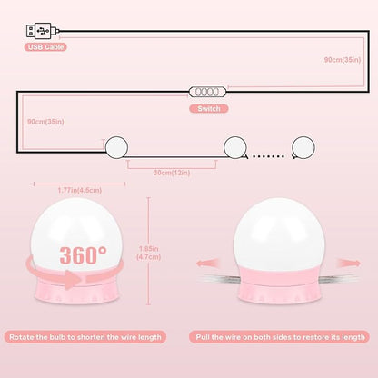 LED Vanity Lights For Mirror, Pink Vanity Light Stick on with 10 Bulbs | 3000K 4000K 6500K & 10 Level Brightness Adjustable USB Cable Hollywood Mirror Lights for Makeup Dressing Room Bathroom