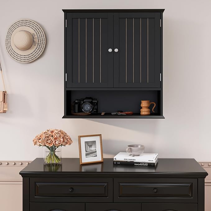 Wall Cabinet with 2 Doors & Open Shelf – Space Saving Medicine Cabinet, Wooden Wall Mounted Storage Cupboard for Bathroom Organization Black