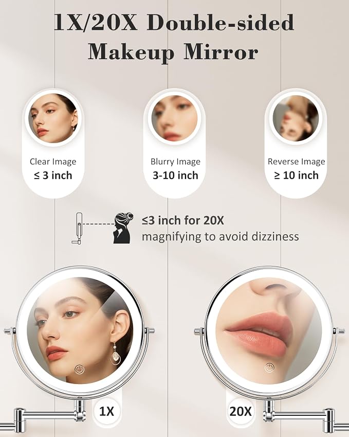 20X 9" Wall Mounted Magnifying Makeup Mirror with Light Height Adjustable | 5000mAh Double Sided Rechargeable LED Lighted Vanity Mirror with Magnification 3 Color Light up Extended Arm 360 Rotation