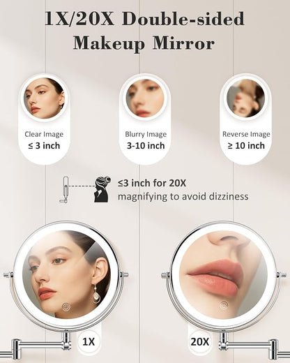 20X 9" Wall Mounted Magnifying Makeup Mirror with Light Height Adjustable | 5000mAh Double Sided Rechargeable LED Lighted Vanity Mirror with Magnification 3 Color Light up Extended Arm 360 Rotation