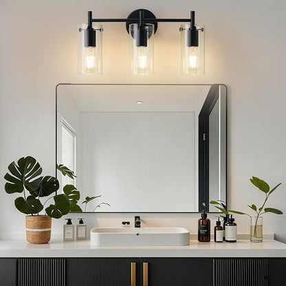 Indoi Bathroom Light Fixtures, 3-Light Matte Black Vanity Light, Black Bathroom Lights Over Mirror with Clear Glass Shade, Wall Sconces for Mirror Bedroom Living Room Hallway