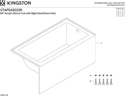 Kingston Brass VTAP543022R Aqua Eden Alcove Tub, White