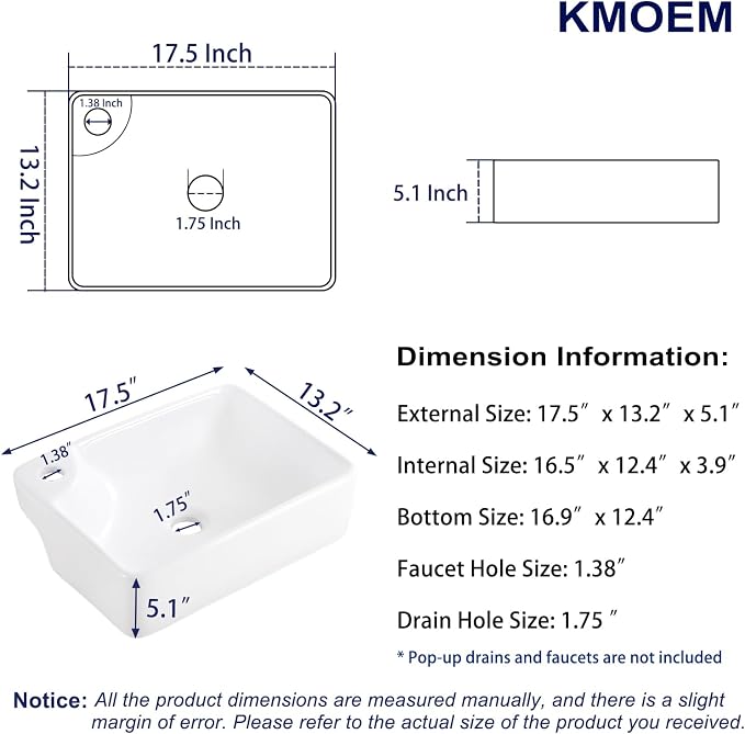 Vessel Sink 17.5"x13.2" Rectangular Bathroom Sink with Left Side Faucet Hole Modern White Porcelain Ceramic Above Counter Vanity Sink for Bathrooms Art Basin with Faucet Hole