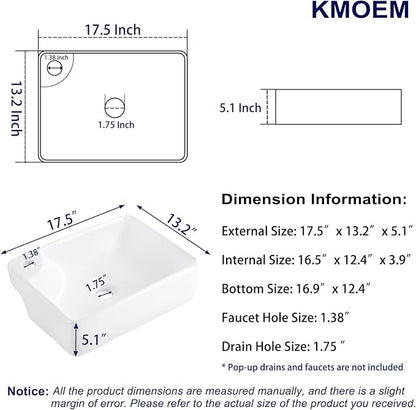 Vessel Sink 17.5"x13.2" Rectangular Bathroom Sink with Left Side Faucet Hole Modern White Porcelain Ceramic Above Counter Vanity Sink for Bathrooms Art Basin with Faucet Hole