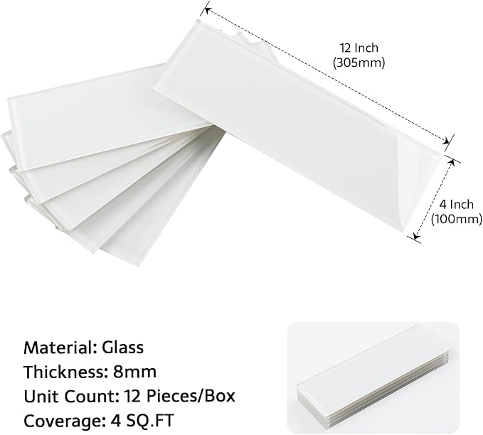 Glass Subway Tile, 4x12 Inch Glass Tile for Kitchen Backsplash Bathroom Shower Wall White (12 Pcs, 4 sq.ft)