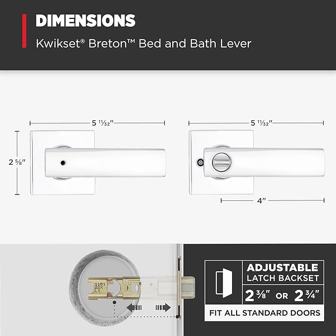Kwikset Breton Interior Privacy Door Handle with Lock, Door Lever For Bathroom and Bedroom, Polished Chrome Reversible Keyless Turn Lock